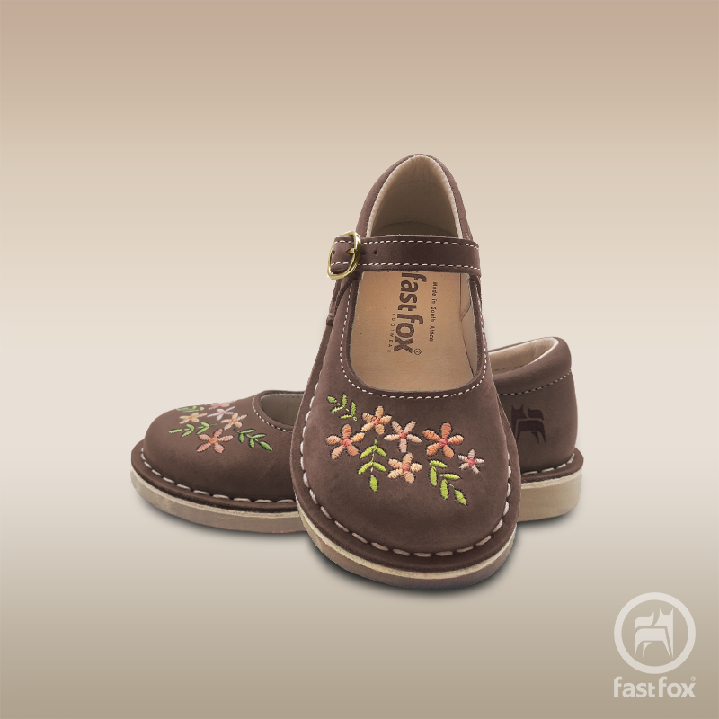 FOX Leather Kids' Embroidered X-Bar Mary Janes in Chocolate