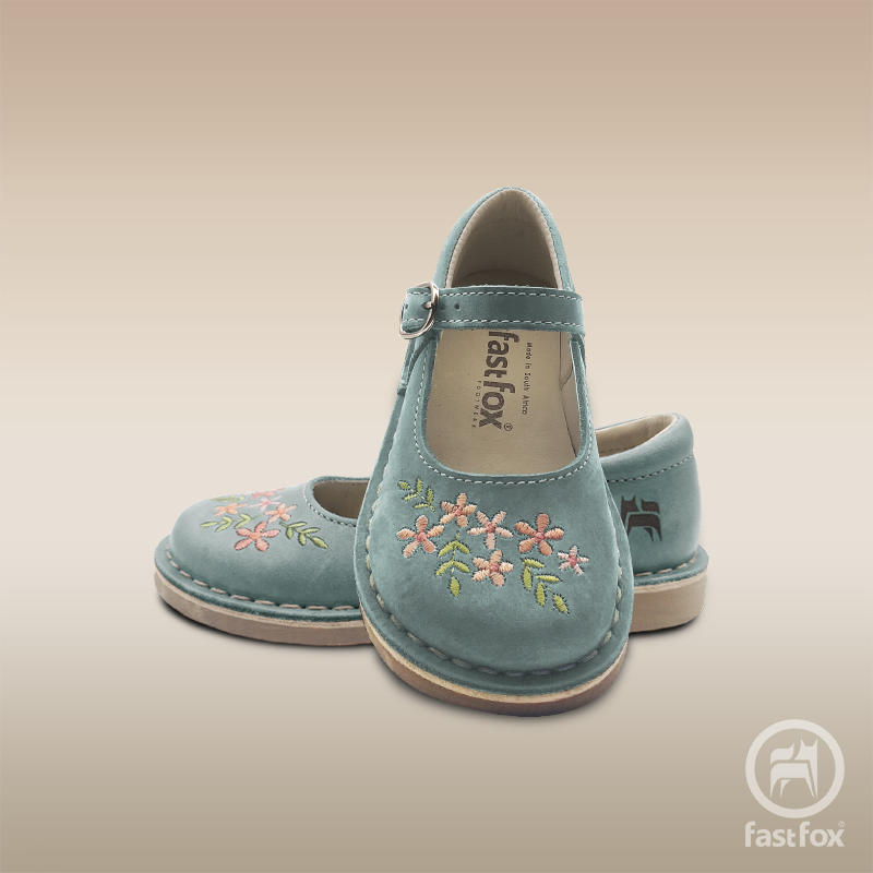 FOX Leather Kids' Embroidered X-Bar Mary Janes in Bluebell