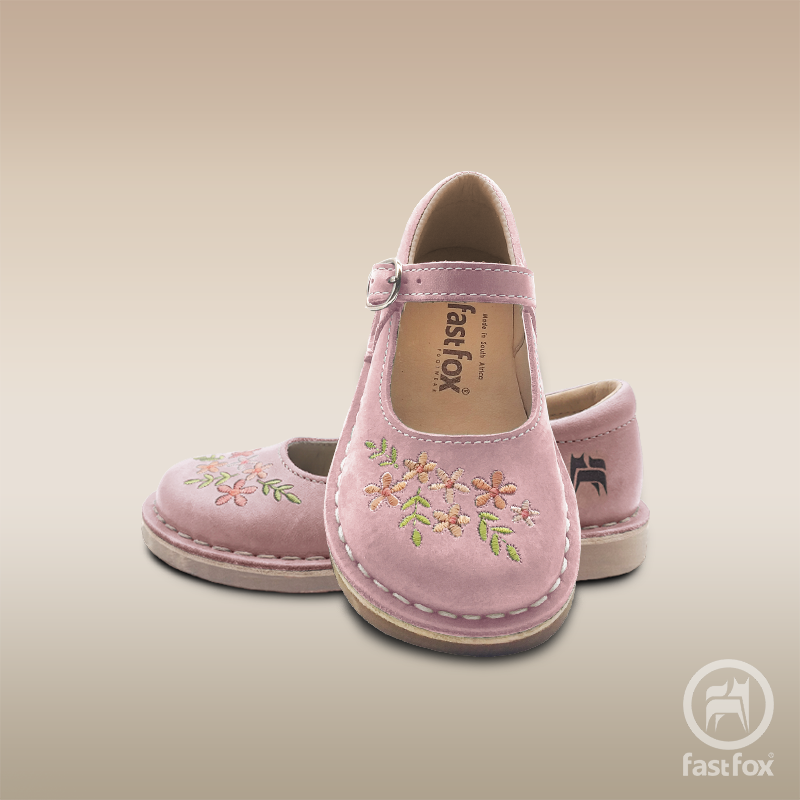 FOX Leather Kids' Embroidered X-Bar Mary Janes in Rose Pink