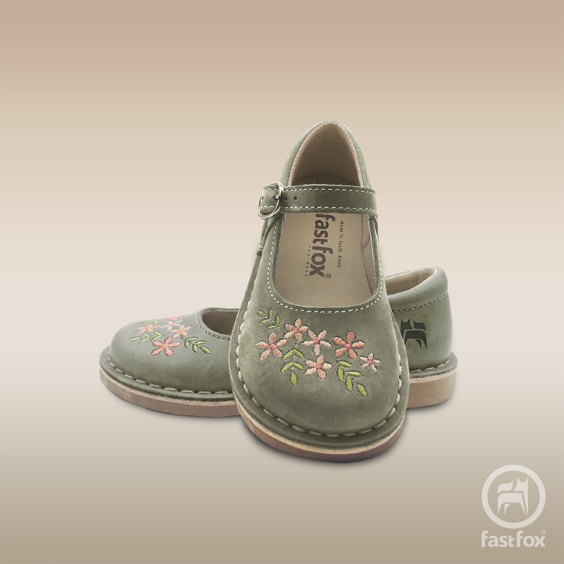 FOX Leather Kids' Embroidered X-Bar Mary Janes in Sage