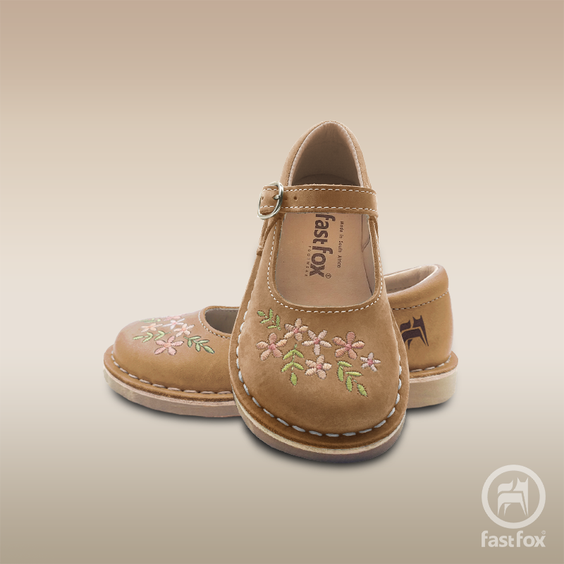 FOX Leather Kids' Embroidered X-Bar Mary Janes in Tan